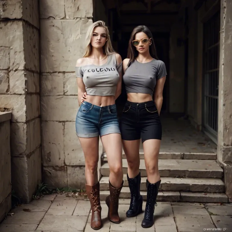 2girl, , , , closed mouth,arms behind back,nipple bulge,grabbing hips,bare shoulder, plain t-shirt,laced,opaque glasses,pulled bra,brown boots, gray t-shirt,fishnets,gold earrings,panties aside,no shoes, t-shirt,anklets,white gloves,panties down,sneakers, school, dark alleyway, cyberpunk, holding dildo, source cartoon, night, mario and luigi, wonder woman, rapunzel waifu