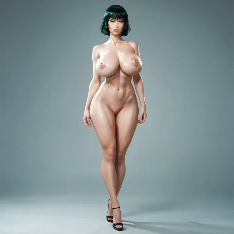 1girl, full body, Fubuki (One punch man), wide hips, huge breasts, long legs, bob cut, nude, green eyes, asian, pale skin