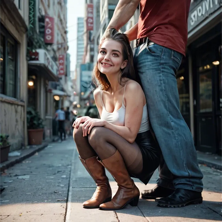 1girl,1boy, , , , cheek bulge,feet,big perky boobs,adorable girl,knee boots, rosy cheeks,arm over head,round big tits,city background,free shoulders, no skirt,pantyhose pull,black gloves,bra,high heels, black miniskirt,lace bra,long gloves,corset piercing,sandals, shirt lifted up,tight fishnets,black belt,blue bra,black sneakers, oozora subaru, caulfield, medieval dress, samus