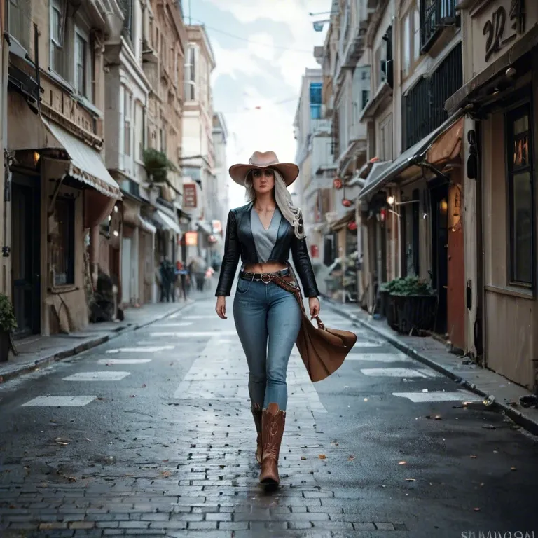 A digital drawing of an urban cowboy, full body, walking on the street, wearing cowboy boots and hat, dynamic pose, high contrast black and white background, light grey smoke swirls around her as she walks, long hair flowing in wind, tattoo style art with bold lines and dark shading, urban fantasy vibe, urban setting, high resolution, high detail, high quality, sharp focus, intricate details, cinematic lighting, atmospheric perspective, realism, concept art --ar 63:128 --personalize 2gwf1qc --stylize 750 --v 6.1