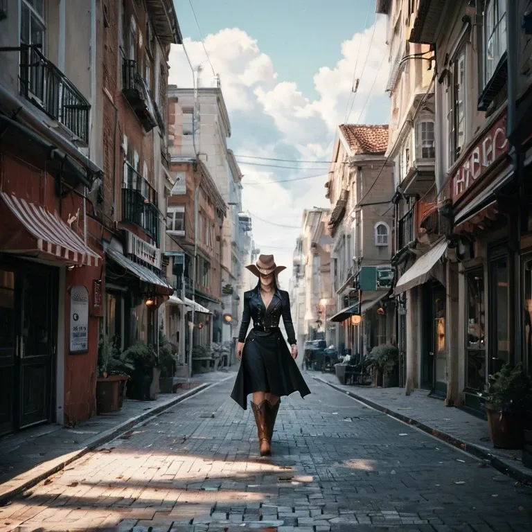 A digital drawing of an urban cowboy, full body, walking on the street, wearing cowboy boots and hat, dynamic pose, high contrast black and white background, light grey smoke swirls around her as she walks, long hair flowing in wind, tattoo style art with bold lines and dark shading, urban fantasy vibe, urban setting, high resolution, high detail, high quality, sharp focus, intricate details, cinematic lighting, atmospheric perspective, realism, concept art