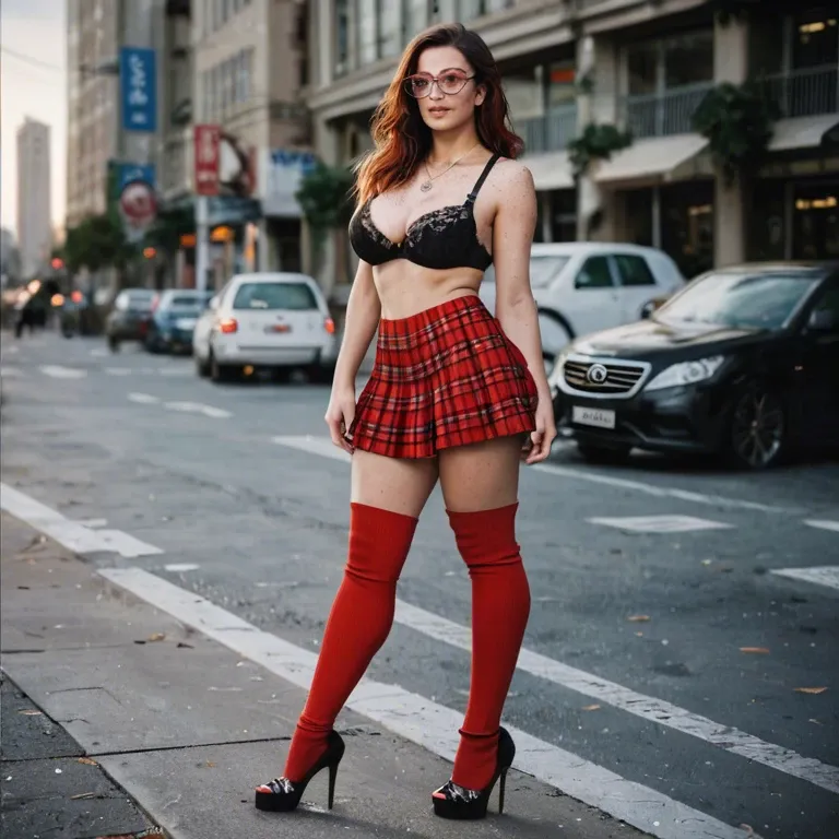 1girl,solo, , , , freckle,leg warmers,perky tits,city background,necklace, skirt,black lace bra,opaque glasses,mesh bodysuit,stiletto heels, plaid skirt,red thighhighs,garrison cap,black bodysuit,white sneakers, sweatshirt lift,knee socks,black belt,white bikini,black boots, royal bedroom, ocean, spaceship, edge of bed, bent over table, semi-realistic, dark lighting, tifa, elsa, waifu