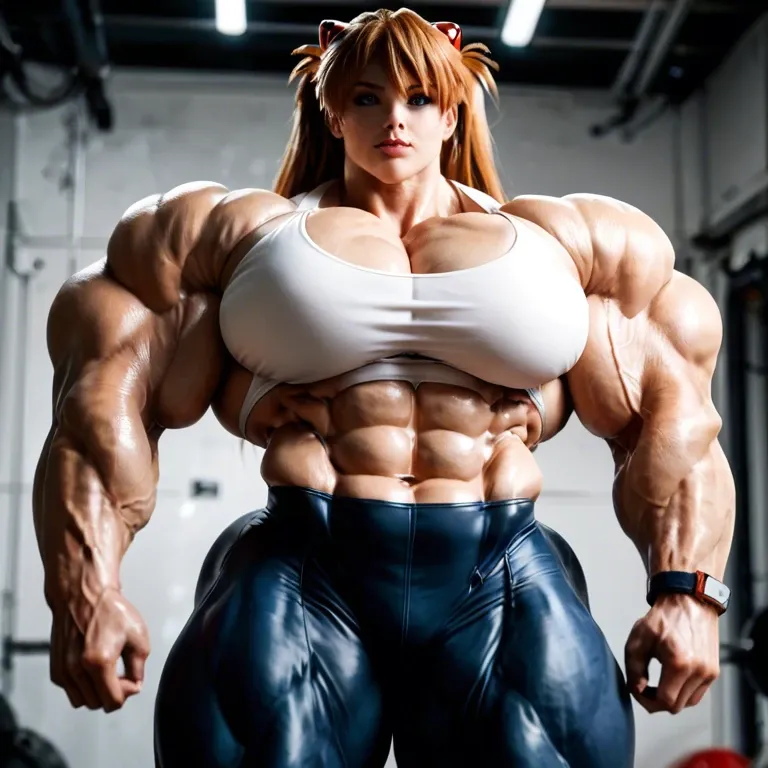 asuka langley from neon genesis evangelion, massive female monster body muscular woman, (multiple gold body ring: 1.3), female muscular massive muscles muscular abs, (extreme muscles: 1.3), hyper muscles, (hyper muscles: 1.3), (extremely thick body: 1.3), nude boobs, Leopard Print Stockings