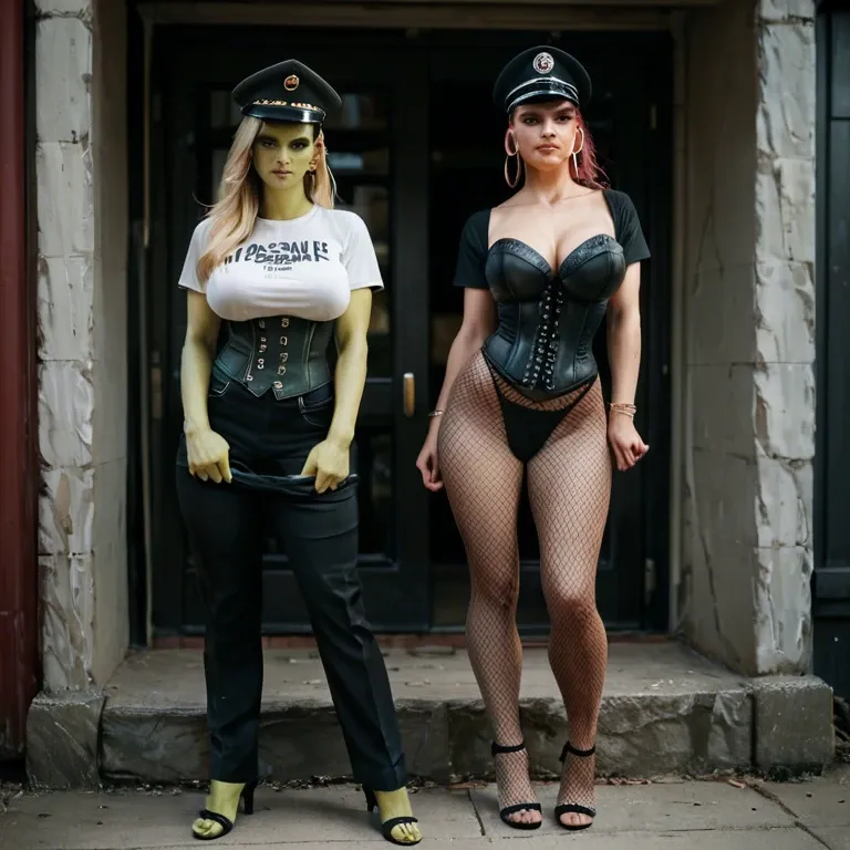 2girl, , , , cheekbones,toes,big breasts,low waisted,green skin, undressing,black pantyhose,hoop earrings,corset piercing,strappy sandals, t-shirt,black fishnet,military hat,black lace bra,high heels, open shirt,socks,latex gloves,mesh bodysuit,strappy sandals, shower, piledriver, dungeon, realistic, brightly lit, tifa lockhart, dynamics