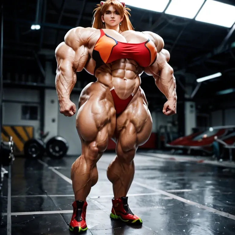 asuka langley from neon genesis evangelion, massive female monster body muscular woman, (multiple gold body ring: 1.3), female muscular massive muscles muscular abs, (extreme muscles: 1.3), hyper muscles, (hyper muscles: 1.3), (extremely thick body: 1.3), nude boobs, Leopard Stockings