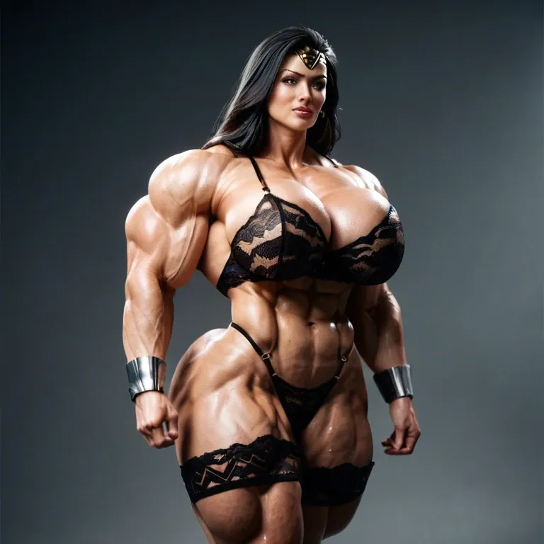 Wonder woman, muscular woman, bodybuilder female, hyper muscular body, gigantic body , massive gigantic muscle trapèze, massive gigantic muscle épaule, massive gigantic muscle biceps, nude big boobs, lingerie latex, futa huge cock