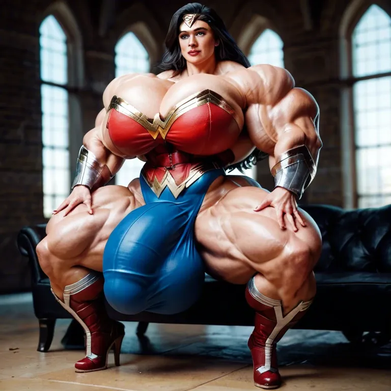 Wonder woman, muscular woman, bodybuilder female, hyper muscular body, gigantic body , massive gigantic muscle trapèze, massive gigantic muscle épaule, massive gigantic muscle biceps, big boobs, corset, futa cock bulge, gym