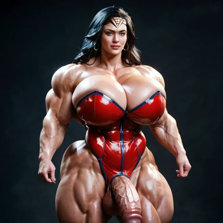 Wonder woman, muscular woman, bodybuilder female, hyper muscular body, gigantic body , massive gigantic muscle trapèze, massive gigantic muscle épaule, massive gigantic muscle biceps, nude big boobs, corset latex, futa huge cock, club de strip-tease