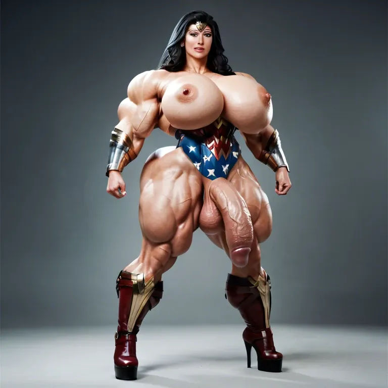 Wonder woman, muscular woman, bodybuilder female, hyper muscular body, gigantic body , massive gigantic muscle trapèze, massive gigantic muscle épaule, massive gigantic muscle biceps, nude big boobs, corset latex, futa huge cock