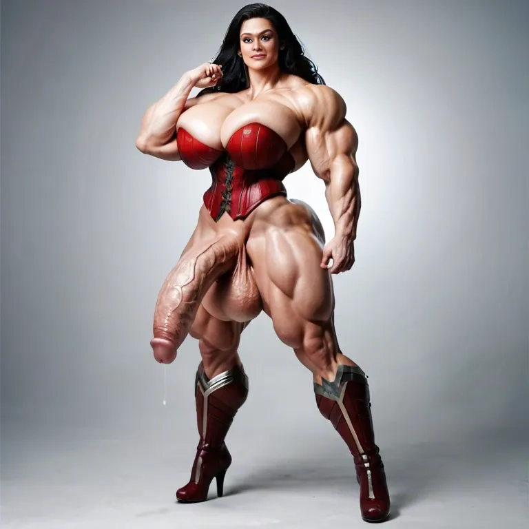 Wonder woman, muscular woman, bodybuilder female, hyper muscular body, gigantic body , massive gigantic muscle trapèze, massive gigantic muscle épaule, massive gigantic muscle biceps, nude big boobs, corset , futa huge cock, club de strip-tease