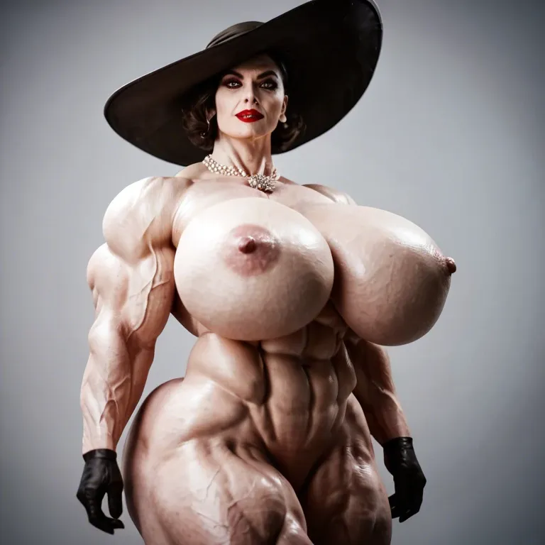 Lady Alcina Dimitrescu - Resident Evil, muscular woman, bodybuilder female, hyper muscular body, gigantic body , massive gigantic muscle trapèze, massive gigantic muscle épaule, massive gigantic muscle biceps, nude big boobs, gigantic abdos, lingerie latex, Futa big cock