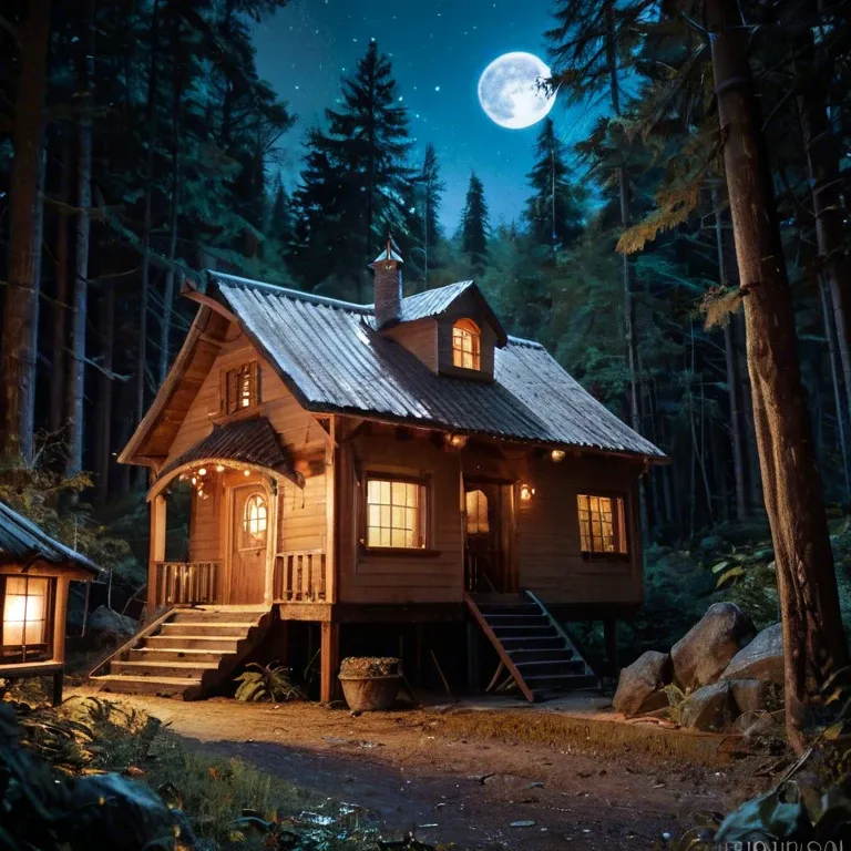 chichi , big tits, forest, night, moon, old house,