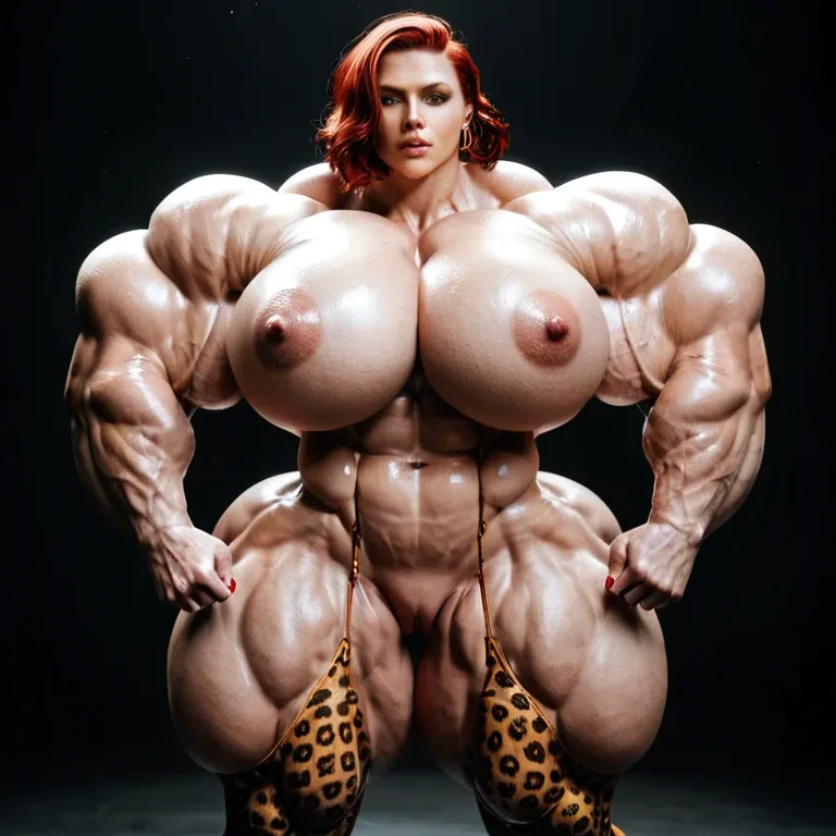 black widow, muscular woman, bodybuilder female, hyper muscular body, gigantic body , massive gigantic muscle trapèze, massive gigantic muscle épaule, massive gigantic muscle biceps, nude big boobs, leopard print Stockings