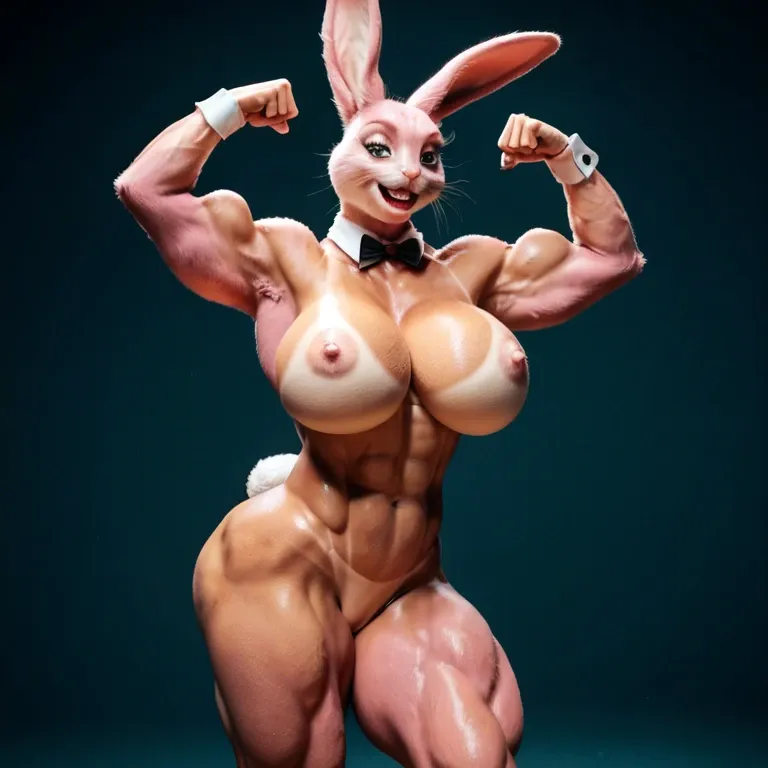 Babs Bunny, anthropomorphic rabbit woman, pink fur, giant breasts, long thick muscular legs, rabbit feet, protruding hard nipples, giant bimbo red lips, furry, tan lines, bunny tail, flexing one arm, hairy armpits, at the beach, female domination, man licking pussy