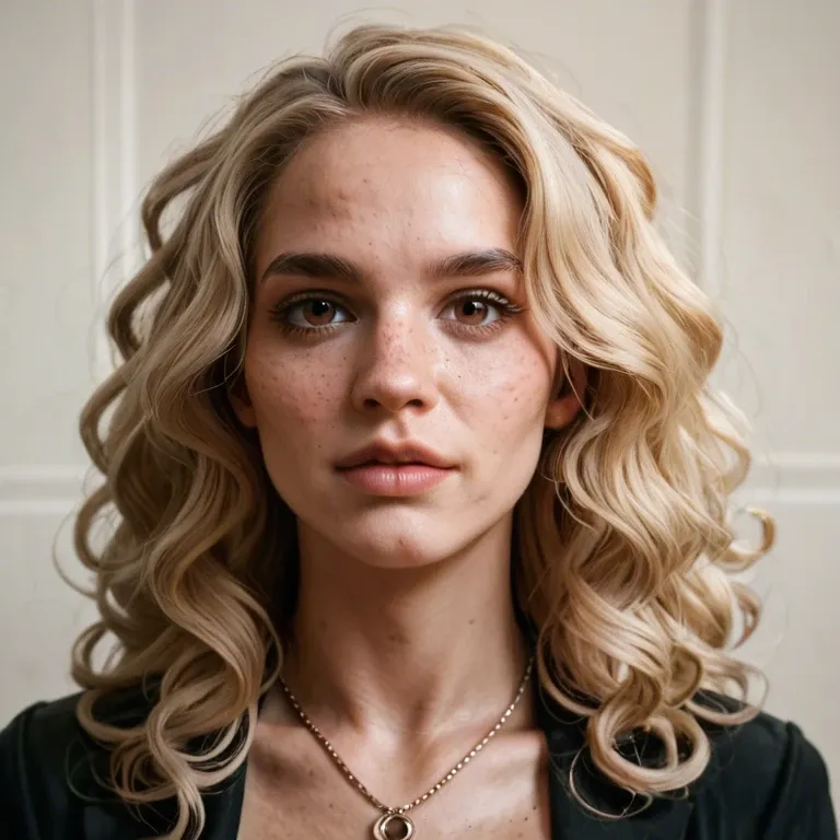 girl, medium-long curly ash blonde hair, brown eyes, oval face, high cheekbones, flat potato nose, freckles, body type Skinny, sexy pose