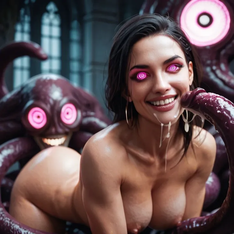 Hypnotized thick girl, spiral glowing eyes, hot girl, nude, big tits, big ass, mindless, smiling, seductive, mesmerizing, tentacles cum sex, tentacle eye, spiral tentacle eye, fucked in pussy, cum everywhere, cum on face