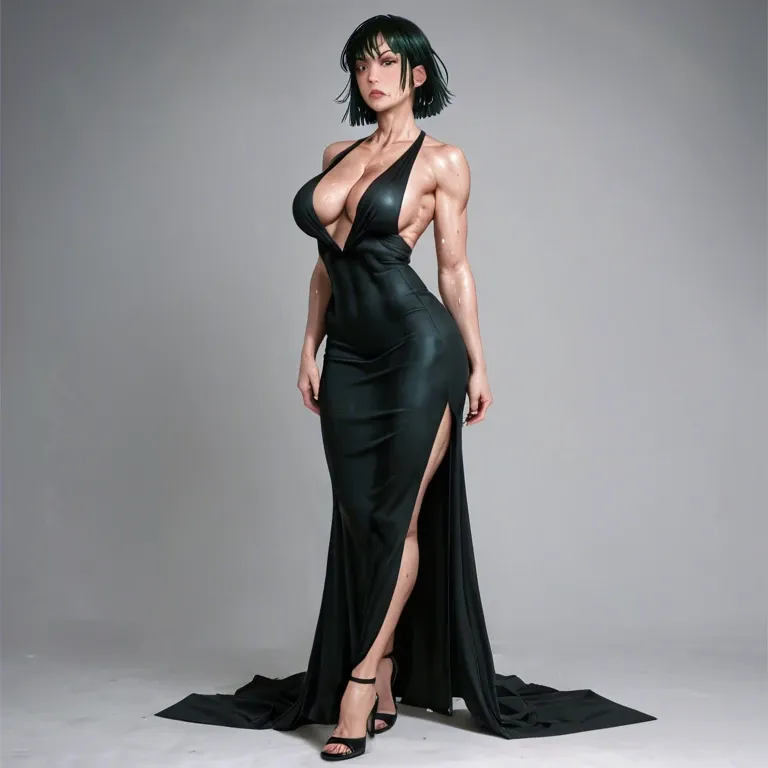 fubuki one punch man, solo, half nude, black dress, sweating, full body, sexy ass, hot face, visible chest, massive tits, no muscle, real woman body