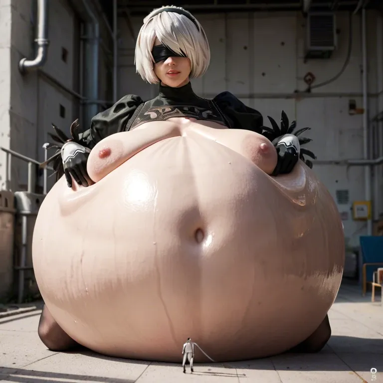 yorha 2b from nier automata, white hair, blindfold, hyper inflation, cumflation, giantic inflated belly, giantic stomach inflation, belly bulge, belly touching ground, (oiled:0.4), skin pores, 1girl, solo,