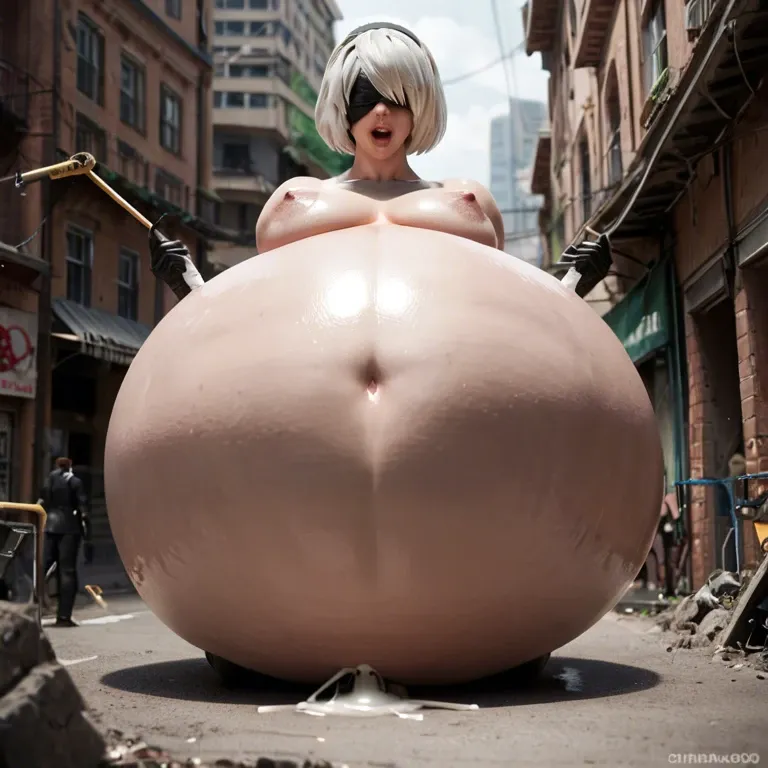 yorha 2b from nier automata, white hair, blindfold, hyper inflation, cumflation, giantic inflated belly, giantic stomach inflation, belly bulge, belly touching ground, (oiled:0.4), skin pores, 1girl, solo,