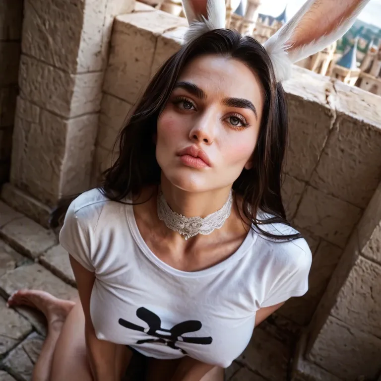 1girl,solo, , , , thick eyebrows,blushing,covered nipples,rabbit ears,kissing neck, realistic eyes,thighs gap,huge boobs,view from above,ankle, t-shirt,palace,lace choker,beige bra,white sneakers, white dress,fishnets,suspender belt,pink corset,heels, palace bedroom, mountain, castle exterior, phone screen, linked, elsa, dynamics