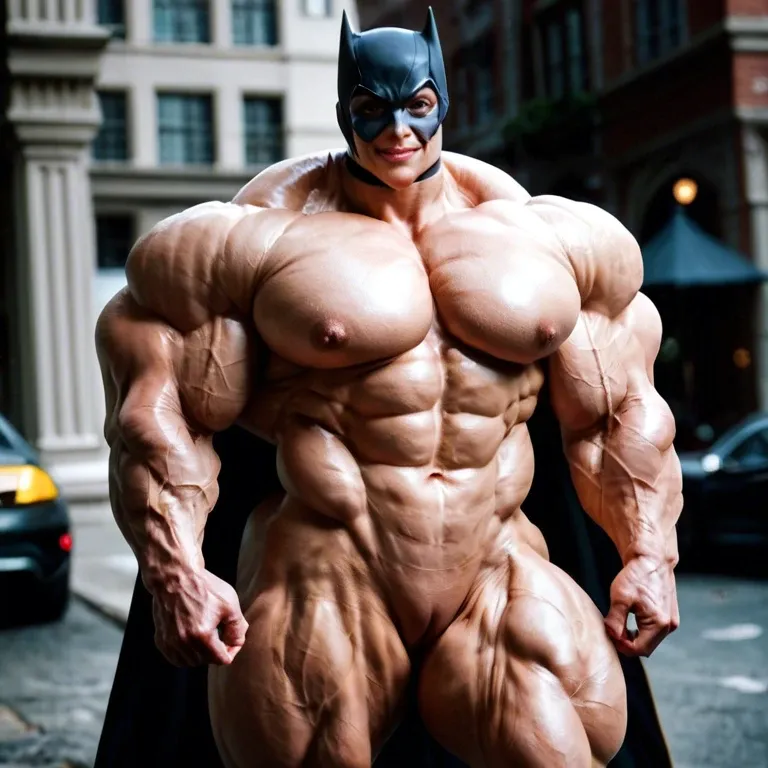 Batgirl, woman, hyper muscles, gigantic muscles, huge muscles, huge body muscles, hyper muscles, gigantic muscles, muscles massive trapèze, muscle massive épaule,  muscles massive biceps, huge body muscles, gigantic muscle, nude huge breasts , nude hairy pussy