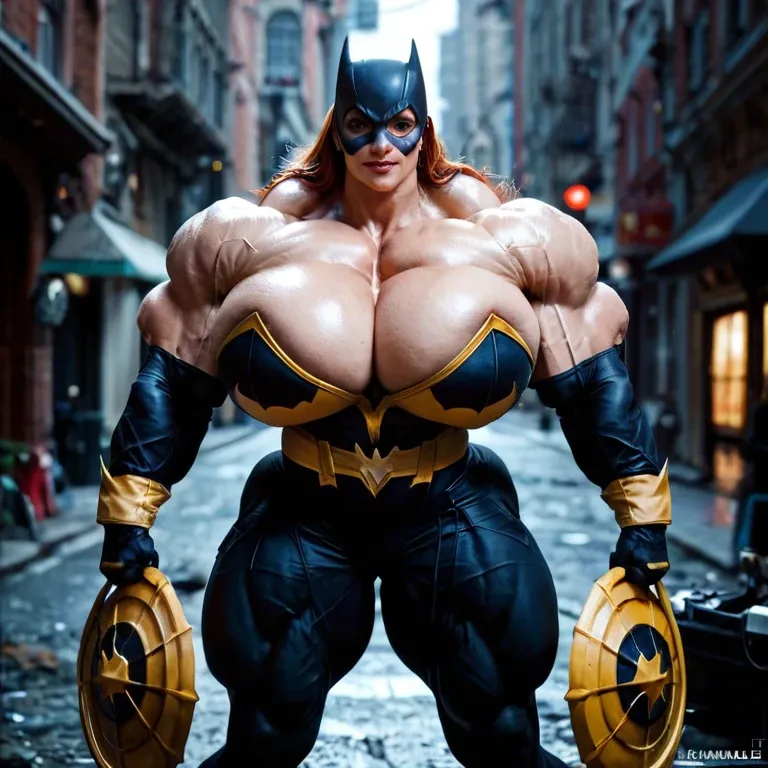 Batgirl, woman, hyper muscles, gigantic muscles, huge muscles, huge body muscles, hyper muscles, gigantic muscles, muscles massive trapèze, muscle massive épaule,  muscles massive biceps, huge body muscles, gigantic muscle,  huge breasts ,  hairy, lingerie