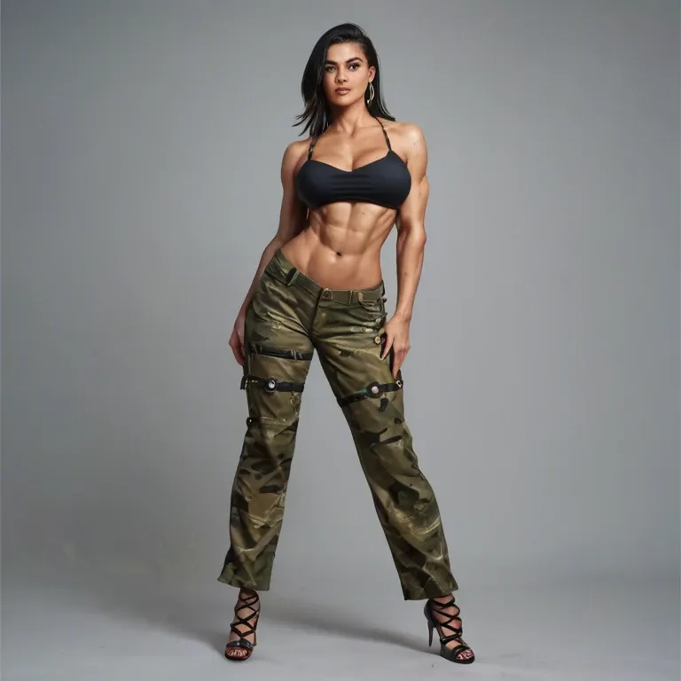 "In this full-body scene, a mid-20s woman stands tall, exuding confidence and sensuality. Her form-fitting camouflage pants showcase her toned legs, leading up to a daring spaghetti top that reveals her underboob. The fabric is cut high, leaving the areolas exposed and drawing attention to her ample breasts.   A tactical vest with thin straps sits atop her shoulders, adding a touch of practicality to her ensemble. The vest is equipped with various pouches and pockets, each strategically placed to enhance her figure.   Sturdy military boots adorn her feet, providing a sense of toughness and completing her military-inspired look. A compact semi-automatic pistol is holstered at her hip, adding an element of danger and intrigue.   She stands with a confident and seductive pose, her eyes fixed on the viewer with a hint of challenge. Her hair, a gorgeous dirty blonde mane, falls gracefully around her shoulders, framing her face and drawing attention to her full, slightly parted lips.   The background is an abandone