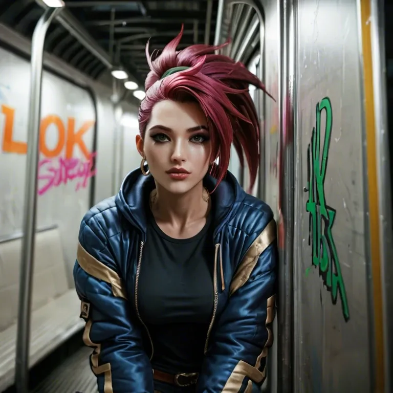 Akali from league of legends, in underground subway tunnel, neon green graffiti on walls, 69