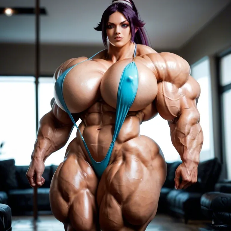 Shihouin Yoruichi bimbo, hyper massive muscles woman, hyper huge massive muscles, hyper gigantic muscles trapèze,  hyper gigant muscles épaule, hyper giant muscles biceps, nude huge boobs, sling bikini, futa bigger cock , beach