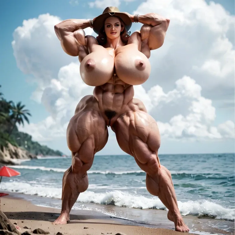 Captain Carter (Peggy Carter) hyper massive muscles woman, hyper huge massive muscles, hyper gigantic muscles trapèze,  hyper gigant muscles épaule, hyper giant muscles biceps, nude huge boobs, nude hairy pussy, beach