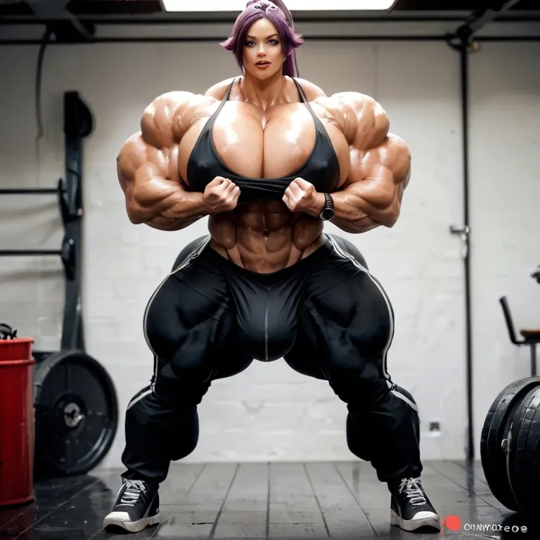 Shihouin Yoruichi , bimbo, hyper massive muscles woman, hyper huge massive muscles, ultra gigantic muscular trapèze,  ultra gigant muscular épaule, ultra giant muscular biceps, huge boobs, futa Biggest cock bulge, sling bikini, beach