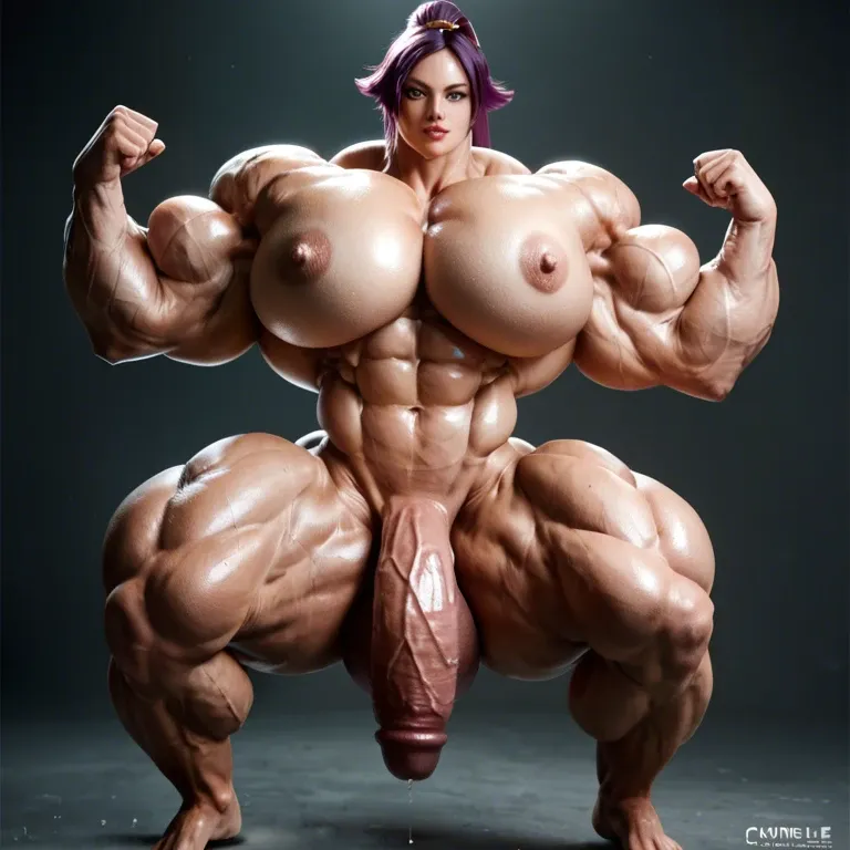 Shihouin Yoruichi bimbo muscle, hyper massive muscles woman, hyper huge massive muscles, hyper gigantic muscles trapèze,  hyper gigant muscles épaule, hyper giant muscles biceps, nude huge boobs, futa huge cock sling bikini beach