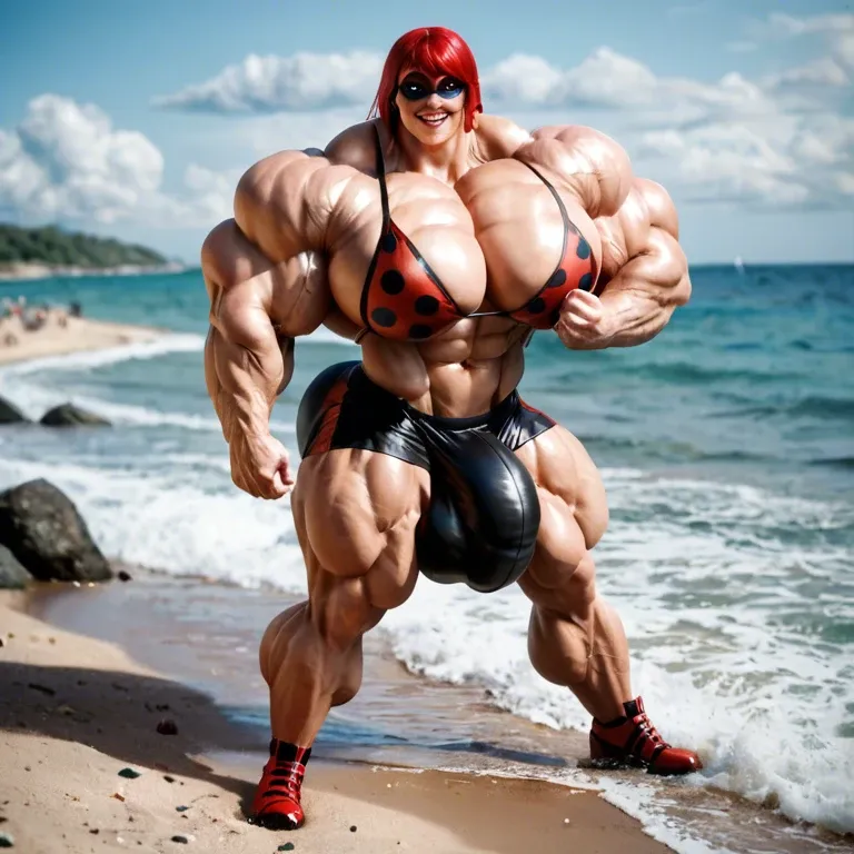 Ladybug (Miraculous), hyper massive muscles woman,  hyper gigantic muscles trapèze,  hyper gigant muscles épaule, hyper giant muscles biceps, huge boobs, futa monstre cock bulge, beach