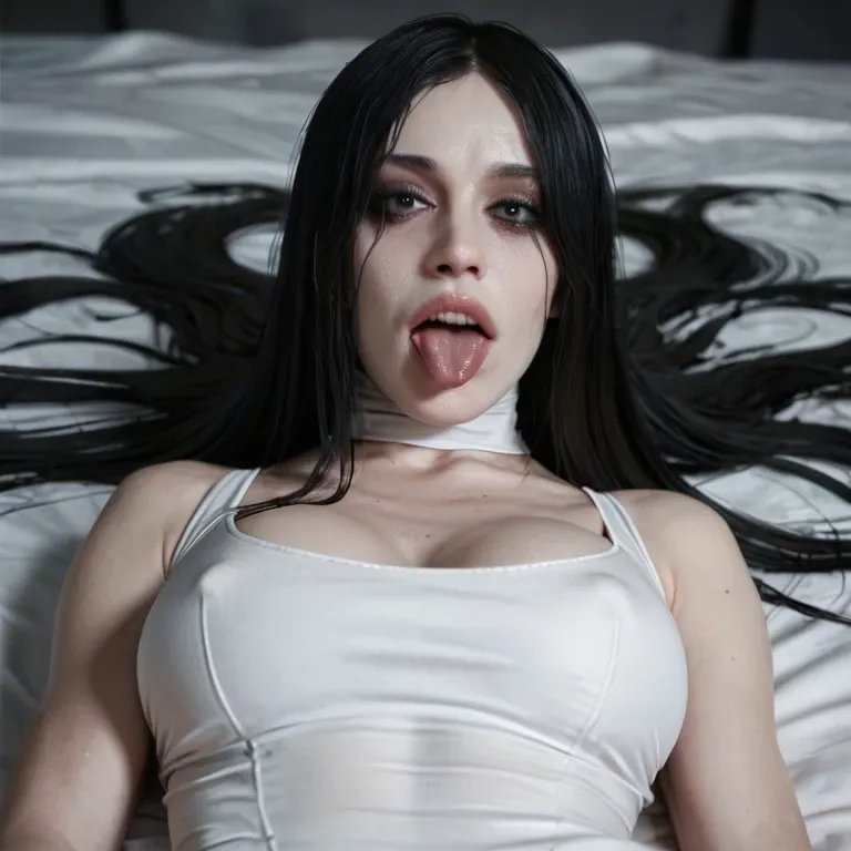 Sadako from the ring, ghost white skin, black hair, hair in front of her face , pitch dark eyes, laying on her back getting fucked, looking at viewer, tongue out, tight white dress on, thong to the side, pov, legs spread, getting fucked hard and fast,