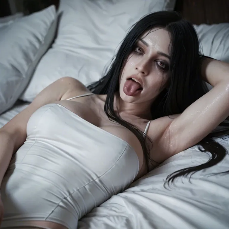 Sadako from the ring, ghost white skin, black hair, hair in front of her face , pitch dark eyes, laying on her back getting fucked, looking at viewer, tongue out, tight white dress on, thong to the side, pov, legs spread, getting fucked hard and fast,