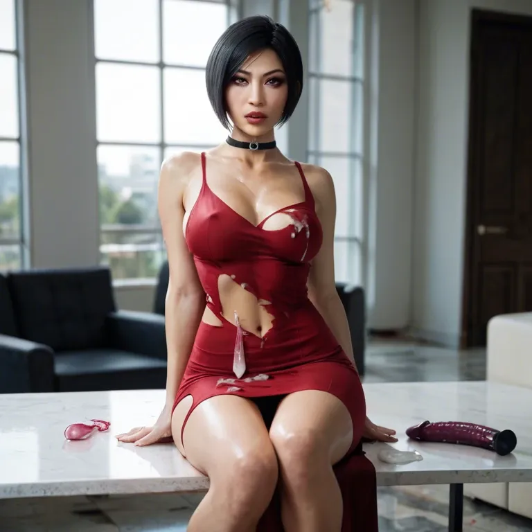 Ada wong cum on Dress used condom sitting on giant Dildo inside her ripped dress