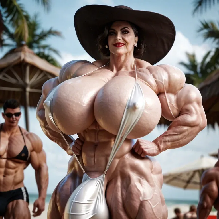 Alcina Dimitrescu, female muscle body, hyper muscle mass, hyper massive muscle trapèze, hyper  massive muscles épaule, hyper massive muscle biceps, huge boobs, futa monstre cock sling bikini bulge, beach