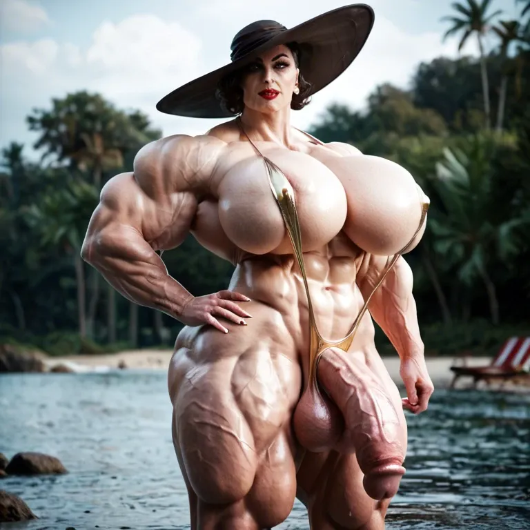 Alcina Dimitrescu, woman hyper muscles, hyper muscle female, hyper massive muscle trapèze, hyper  massive muscles épaule, hyper massive muscle biceps, huge boobs, futa monstre cock, sling bikini, beach