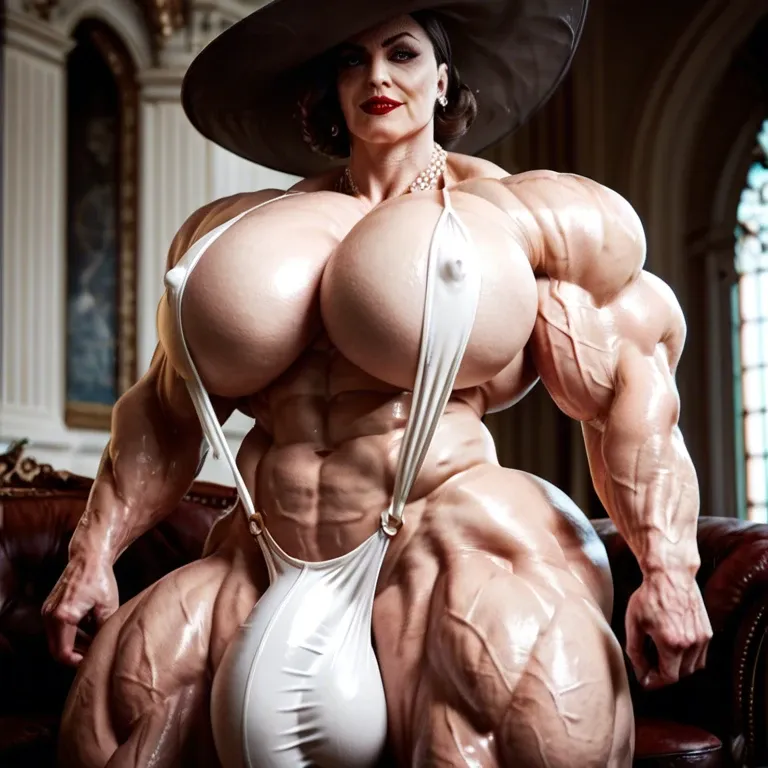 Alcina Dimitrescu, woman hyper muscles, hyper muscle female, hyper massive muscle trapèze, hyper  massive muscles épaule, hyper massive muscle biceps, huge boobs, futa monstre cock bulge, sling bikini, beach