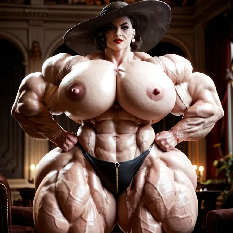 Alcina Dimitrescu, woman hyper muscles, huge muscles, massive hyper muscle female, hyper massive muscle trapèze, hyper  massive muscles épaule, hyper massive muscle biceps, huge boobs, futa monstre cock bulge, sling bikini, beach