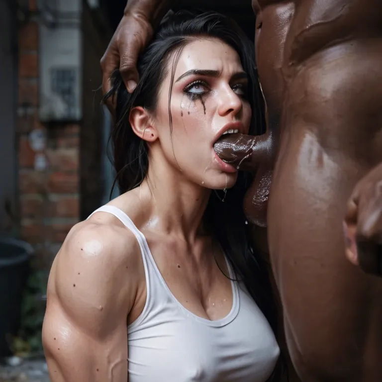 Girl getting fucked on a dark alley by a muscular man, girl has a expression of sadness and pain in her face