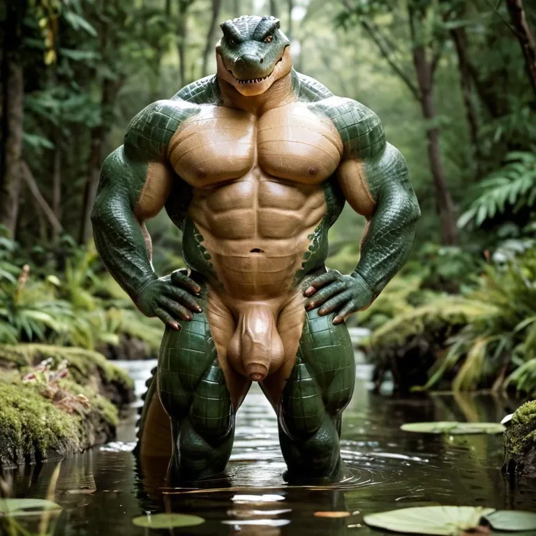 Anthro scaly.  Muscular alligator man.  Broad shoulders.  Green scales.  Large flaccid penis with foreskin.  Large testicles.  Standing with hands on hips.   In a swamp.