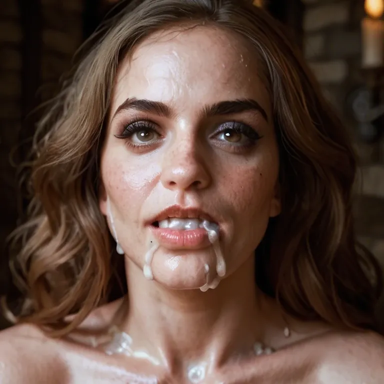 Dark, filthy gothic dungeon.  Hermione granger, mouth shut/closed, full of cum, cheeks protruding/bulging/swollen cheeks distended/bulging, cheeks bloated, trickle of cum on chin.