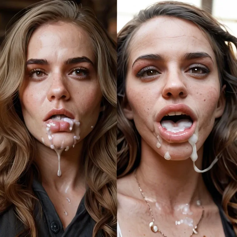 close up views. Dark, filthy gothic dungeon.  Hermione granger, mouth shut/closed, full of cum, cheeks protruding/bulging/swollen cheeks distended/bulging, cheeks bloated, trickle of cum on chin.