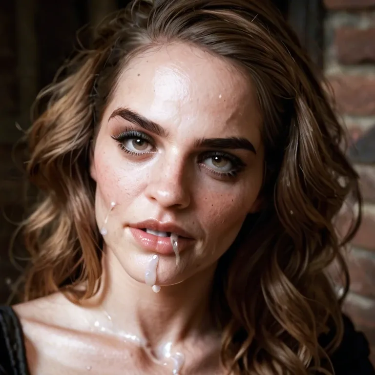 Dark, filthy gothic dungeon.  Hermione granger, mouth shut/closed, protruding/bulging/swollen cheeks distended/bulging, cheeks bloated, trickle of cum on chin.