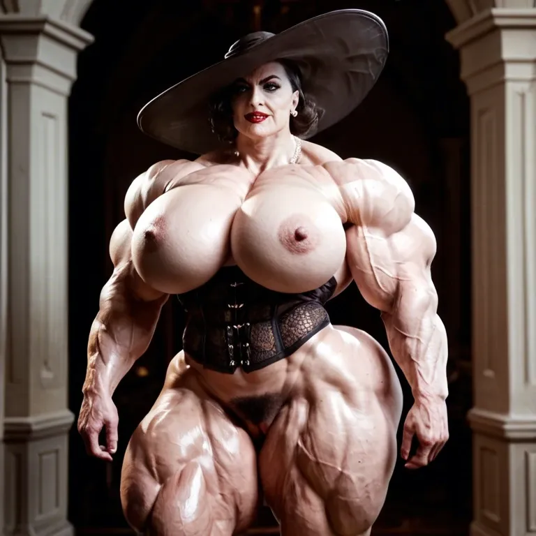 Alcina Dimitrescu, female massive muscles, massive muscle, huge muscle body, hyper massive muscles trapèze, hyper massive muscles épaule, hyper massive muscles biceps, nude corset huge boobs, nude hairy pussy, lingerie latex, club de striptease