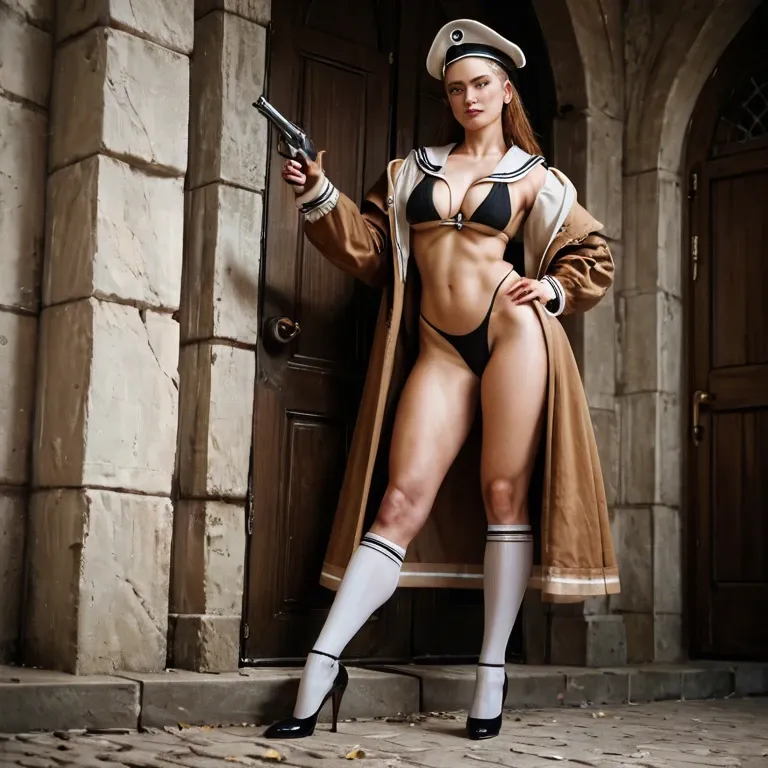 1girl,solo, , , , yellow eyes,handgun,saggy boobs,hip,shoulder, brown jacket,white socks,sailor hat,black bikini,stiletto heels, bare, medieval, robot eyes