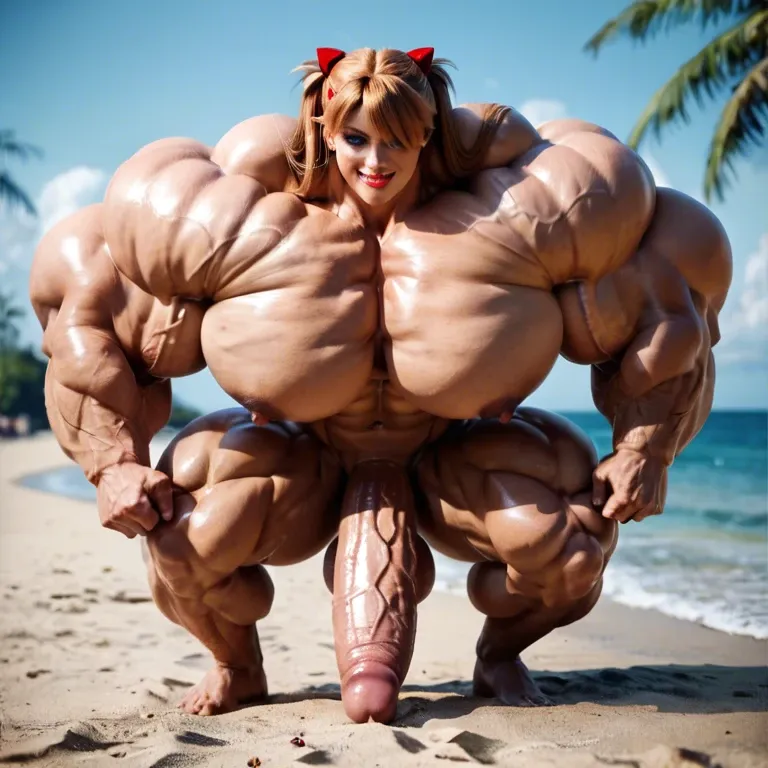 Asuka Langley,  bimbo muscles, hyper muscles trapèze,  hyper muscles épaule, hyper muscles biceps, huge boobs, beach, pussy on big black cock Male