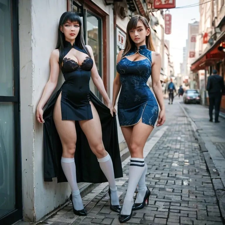 2girl, , , , correct eyes,wrists bound,big boobs,city background,light oily skin, china dress,knee-high socks,black choker,black lace bra,high heels, upskirt,white socks,golden tiara,showing thong,sneakers, school uniform, waterfall, throne room, riding dildo, detailed eyes, gentle shadows, 2 boys, elsa, dynamic pose