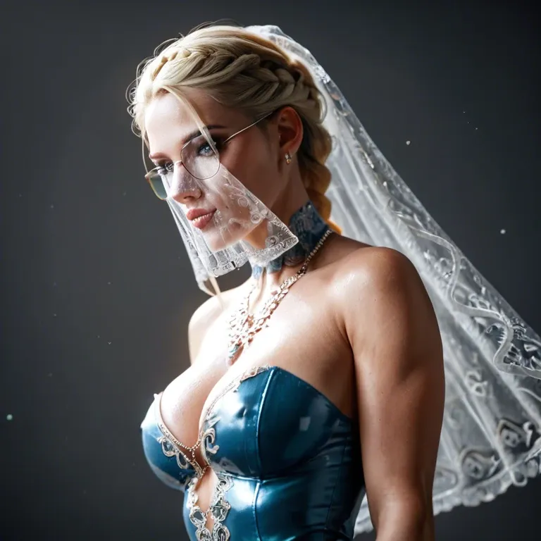 4k detailed sexy hot blonde young lady with braid wearing transparent face covering veil with high quality face, eyes and sexy lips, wearing a blue tight dress amazing tits,